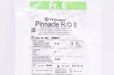 Terumo RSB601 Pinnacle Introducer Sheath with Radiopaque Marker 6Fr x 6cm